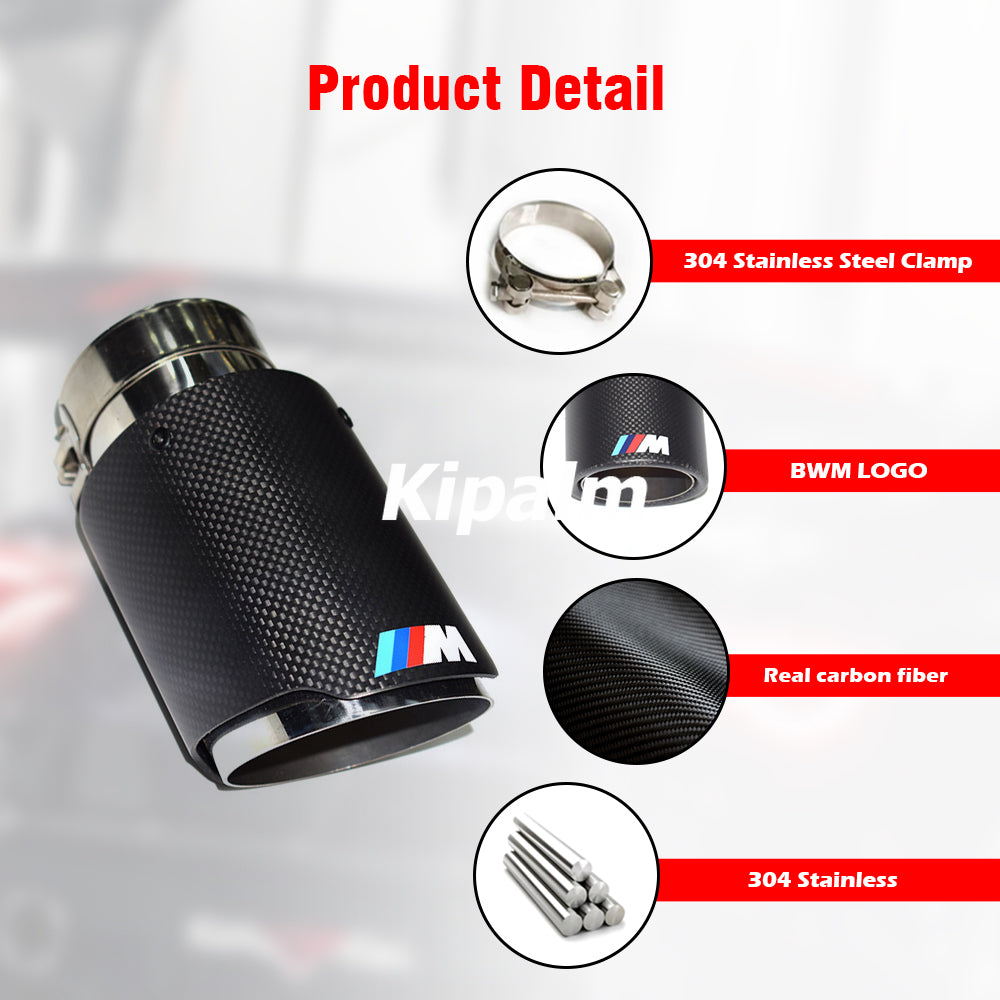 1PC BMW Matte Plain Weave Carbon Fiber Exhaust Tip Silver Stainless Steel with Colorful M logo