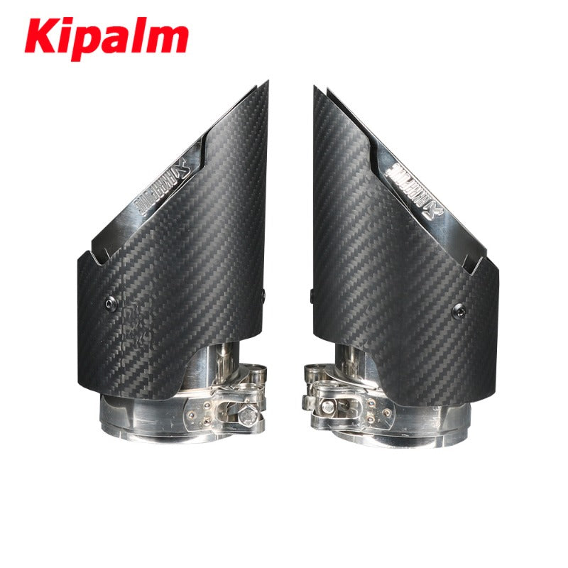 1Pair Porsche Style Slant Cutting Carbon Fiber 170mm Length Exhaust Tips Silver 304 Stainless Steel