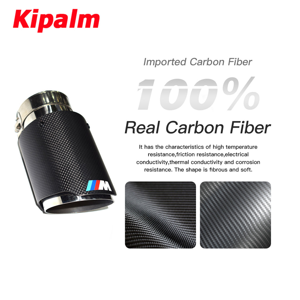 1PC BMW Matte Plain Weave Carbon Fiber Exhaust Tip Silver Stainless Steel with Colorful M logo