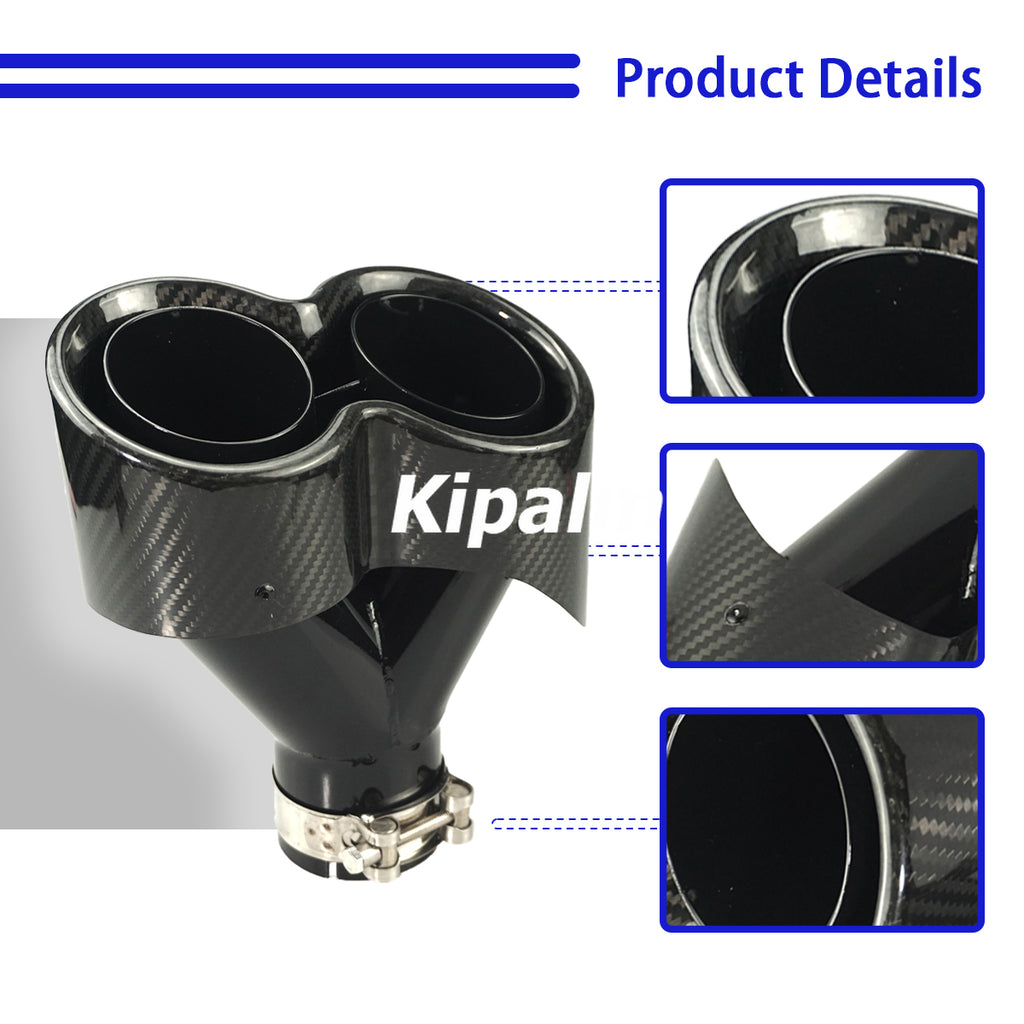 Dual Y Shape Real Carbon Fiber Exhaust Muffer Tailpipe Glossy Black Cover 304 Stainless Steel Exhaust Tip Double End