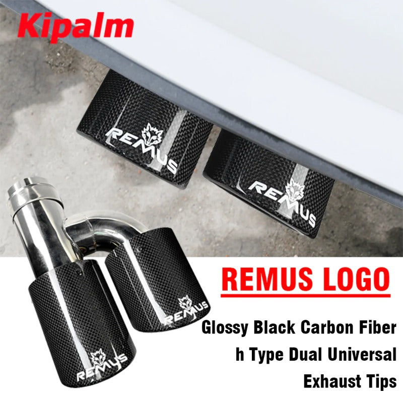 Universal Dual h Type Curly Edge Glossy Black Carbon Fiber Exhaust Muffler Tips Remus End Pipe