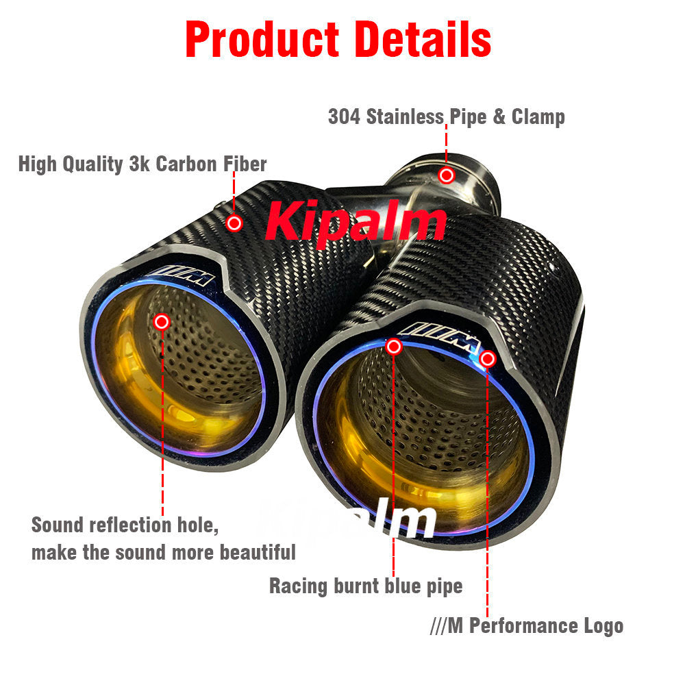 M Performance Style Dual Glossy Carbon Fiber Exhaust Muffler Tips with M logo